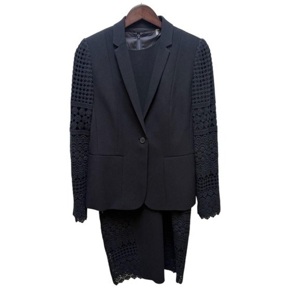 Elie Tahari Black 3-Piece Suit Set Blazer Dress Pants Crochet Lace Trim 6/8
